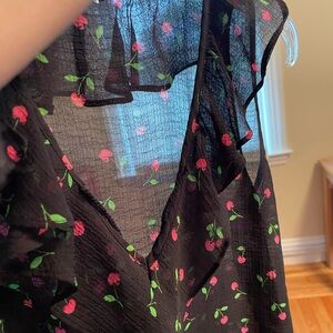 Sheer Black Cherry Print Tunic Top With Ruffled V Neck. Size L